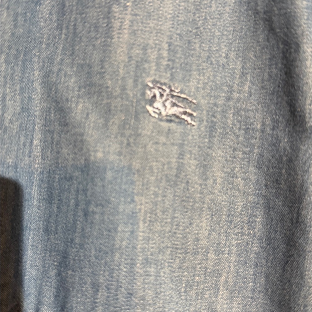Burberry Blue Denim Shirt with Black Trim and Beige Plaid Collar - Picture 4 of 6